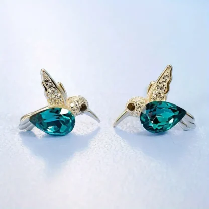 Aqua Blue Rhinestone Hummingbirds with Golden Wings Stud Earrings