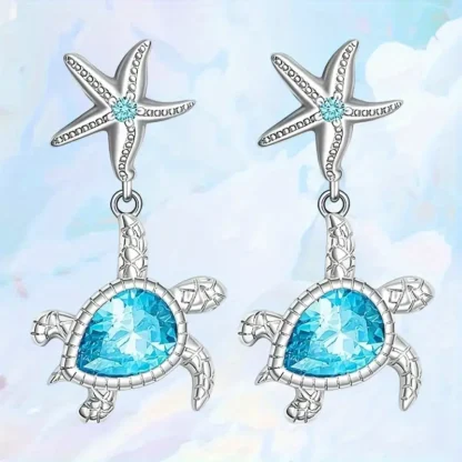 Aqua Blue Turtle Dangling from a Starfish Earrings