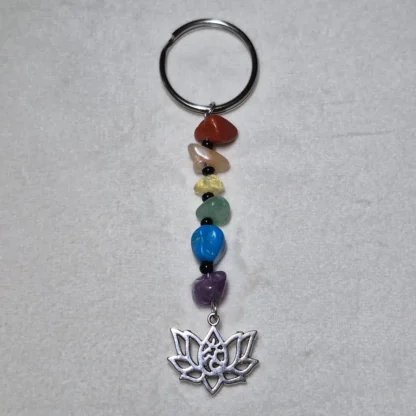 Chakra Natural Stone Keychain with Tree of Life Small Lotus Flower Charm