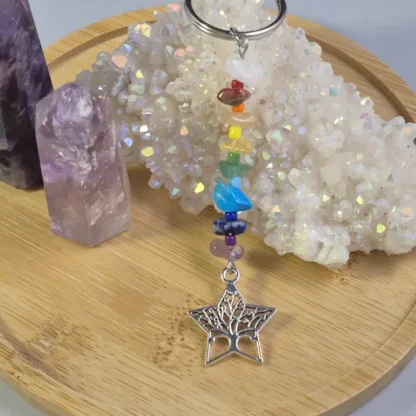 Chakra Natural Stone Keychain with Tree of Life Star Charm