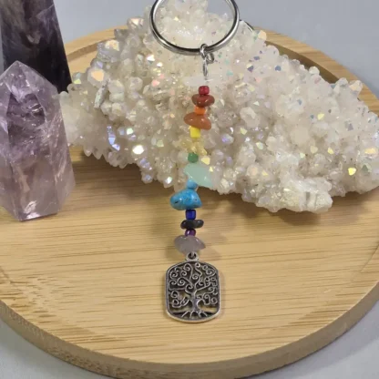 Chakra Natural Stone Keychain with Tree of Rectangle Charm