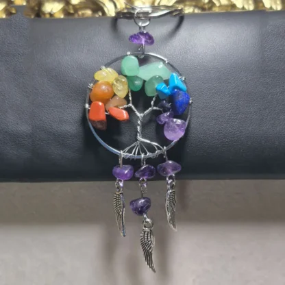 Chakra Natural Stone Wire Wrapped Tree of Life Keychain with Wing Charms (Amethyst)