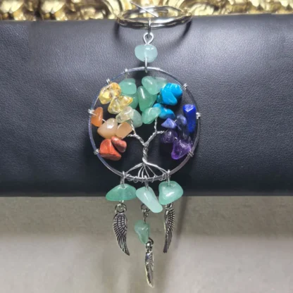 Chakra Natural Stone Wire Wrapped Tree of Life Keychain with Wing Charms (Green Aventurine)