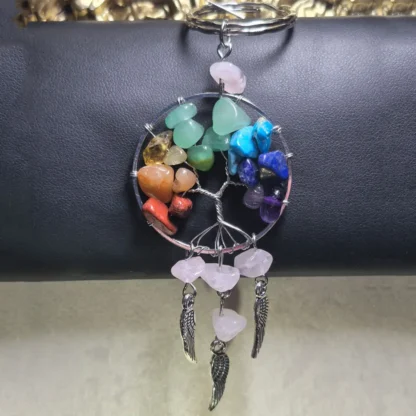 Chakra Natural Stone Wire Wrapped Tree of Life Keychain with Wing Charms (Rose Quartz)