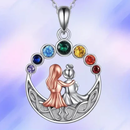 Chakra Rhinestone Pendant With 2 Girls Sitting on a Crescent Moon