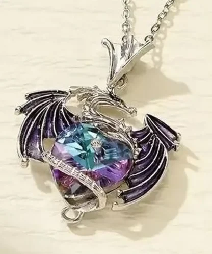 Dragon with Purple Enamel Wings With a Synthetic Gem Heart Pendant