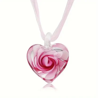 Pink Heart-Shaped Murano Glass-Style Flower Pendant