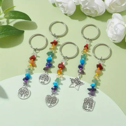 Chakra Natural Stone Keychain with Tree of Life Round Charm - Image 2