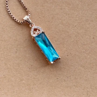 Aqua Blue Rectangle Synthetic Gem Pendant With Rhinestones