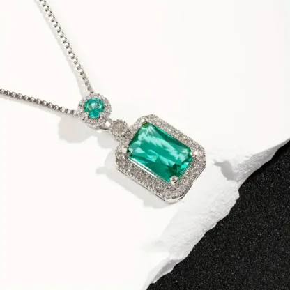 Aqua Green Zirconia Rectangle Pendant with Surrounding Rhinestones