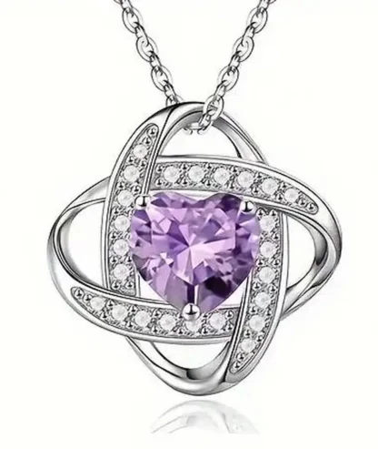 Purple Synthetic Heart Gem February Birthstone Pendant With Rhinestones