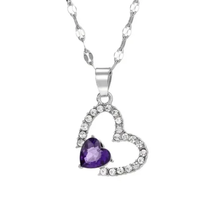 Purple Synthetic Gem Heart Pendant With Rhinestones