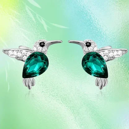 Teal Green Rhinestone Hummingbird Stud Earrings with Silvery Wings