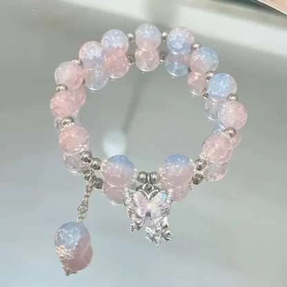 Pink Glass Beads Bracelet with Butterfly Dangle Charm