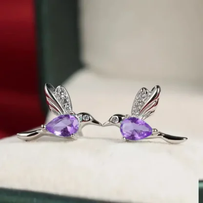 Purple Rhinestone Hummingbird Stud Earrings with Silver Wings