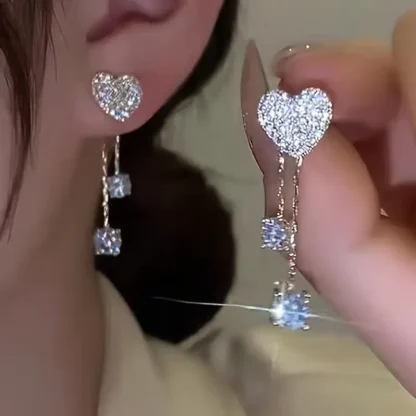 Heart-Shaped Rhinestone Earrings with Dangle Chains at the Back