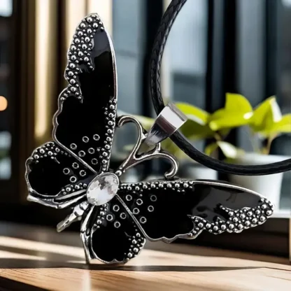 Black Enamel Butterfly Pendant With Rhinestone Body