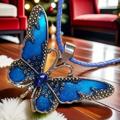 Dark Blue Enamel Butterfly Pendant With Rhinestone Body