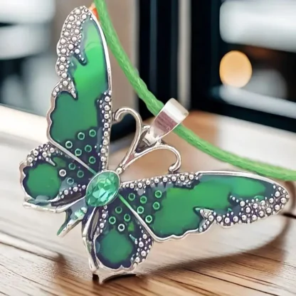 Dark Green Enamel Butterfly Pendant With Rhinestone Body