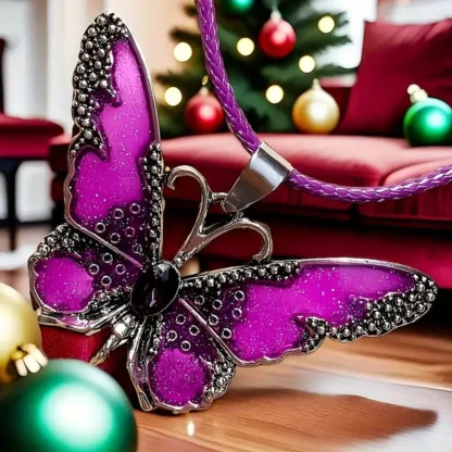 Fuschia Enamel Butterfly Pendant With Rhinestone Body