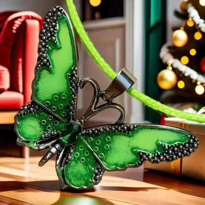 Green Enamel Butterfly Pendant With Rhinestone Body