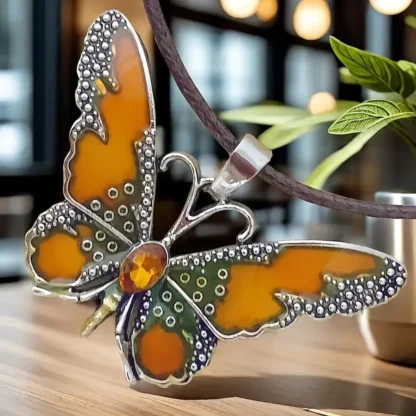 Orange Enamel Butterfly Pendant With Rhinestone Body