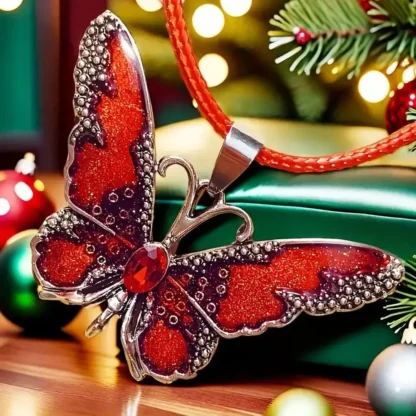 Red Enamel Butterfly Pendant With Rhinestone Body