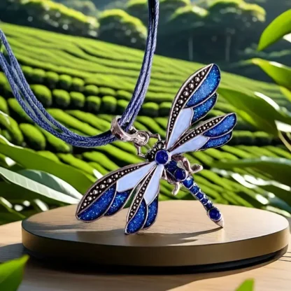 Blue Enamel Dragonfly Pendant With Rhinestone Body