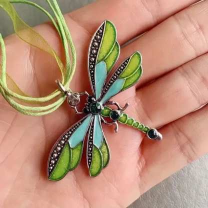 Green and Blue Enamel Dragonfly Pendant With Rhinestone Body