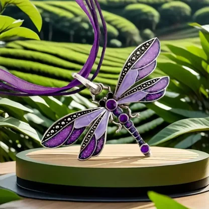 Purple Enamel Dragonfly Pendant With Rhinestone Body