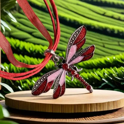 Red Enamel Dragonfly Pendant With Rhinestone Body