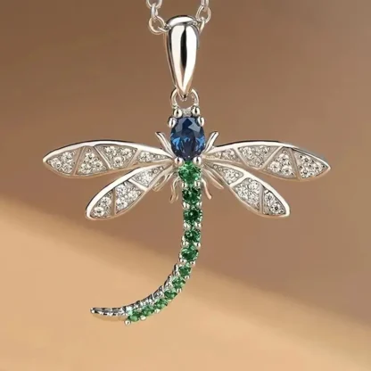 Blue and Green Rhinestone Dragonfly Pendant