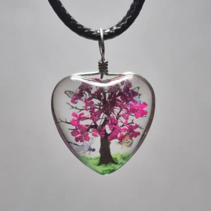 Fuchsia Dried Flower Heart Shaped Resin Pendant