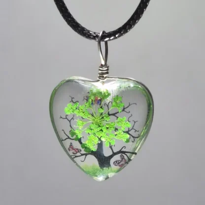 Green Dried Flower Heart Shaped Resin Pendant