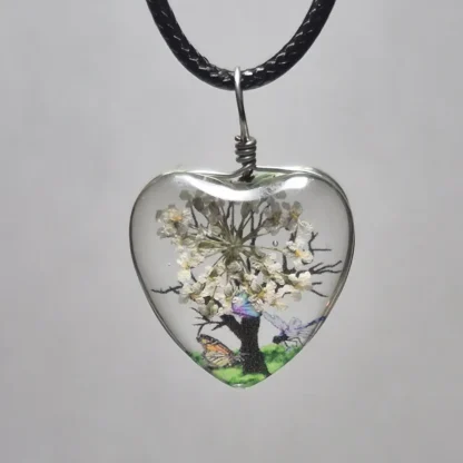 White Dried Flower Heart Shaped Resin Pendant