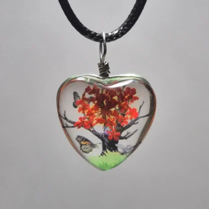 Tangerine Red Dried Flower Heart Shaped Resin Pendant