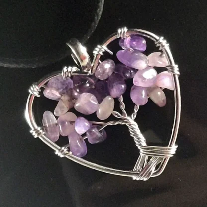 Wire Wrapped Stone Tree of Life Amethyst Heart Pendant