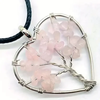 Wire Wrapped Rose Quartz Tree of Life Heart Shaped Pendant