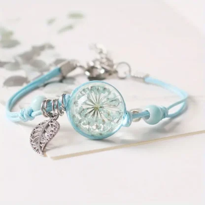 Blue Dried Flower In Resin Bracelet With Leaf Charm