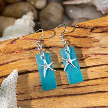 Blue Seaglass Earrings with Starfish Charms