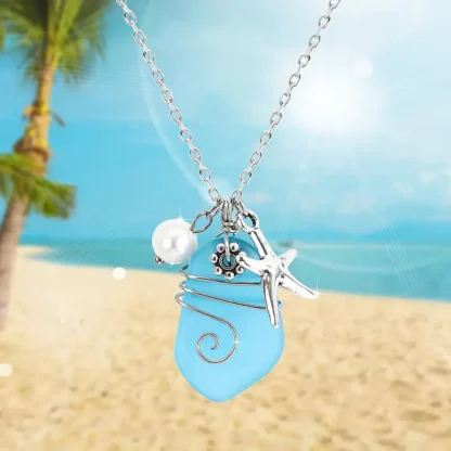 Blue Seaglass Pendant with A Pearl and Starfish