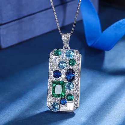 Blue and Green Rhinestone Rectangle Pendant