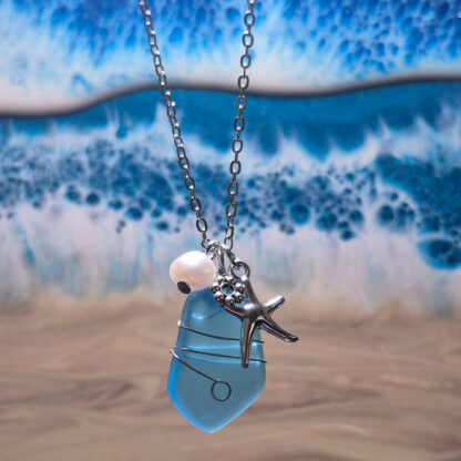 Blue Seaglass Pendant with A Pearl and Starfish - Image 2