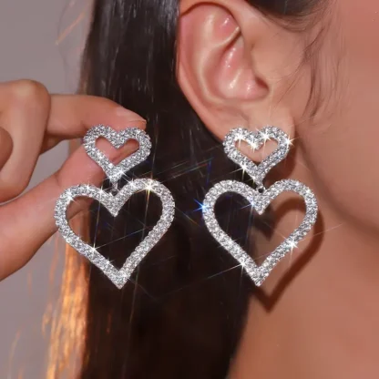 Double Heart Rhinestone Dangle Earrings