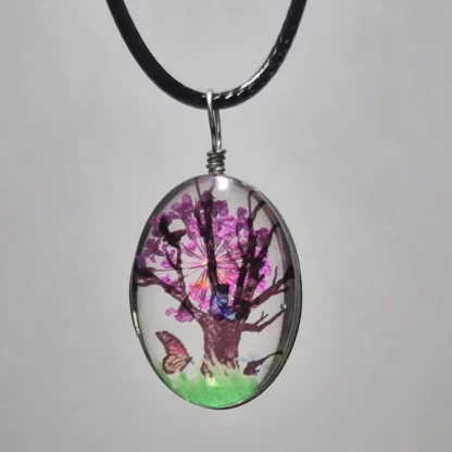 Fuchsia Dried Flower Oval Shaped Resin Pendant - Image 2