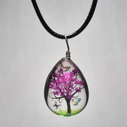 Fuchsia Dried Flower Teardrop Shaped Resin Pendant