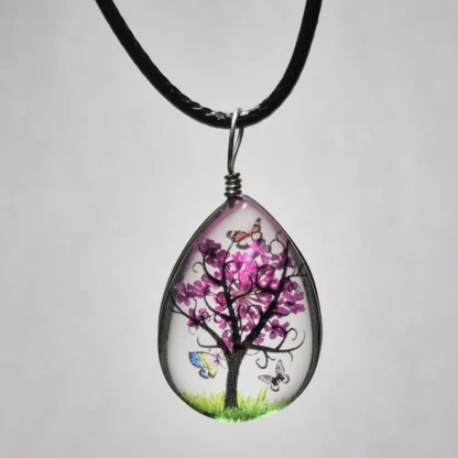 Fuchsia Dried Flower Teardrop Shaped Resin Pendant - Image 2