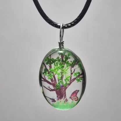 Green Dried Flower Oval Shaped Resin Pendant