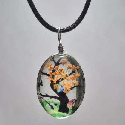 Orange Dried Flower Oval Shaped Resin Pendant