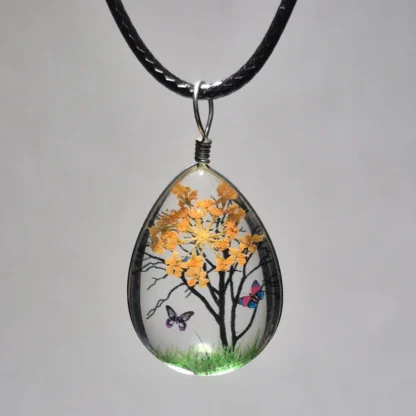 Orange Dried Flower Teardrop Shaped Resin Pendant